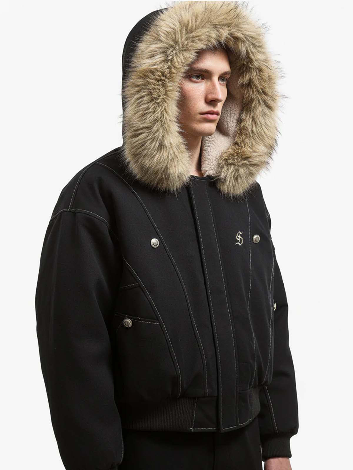 Faux Fur Lined Zip Up Hooded Bomber Jacket-Fineriform