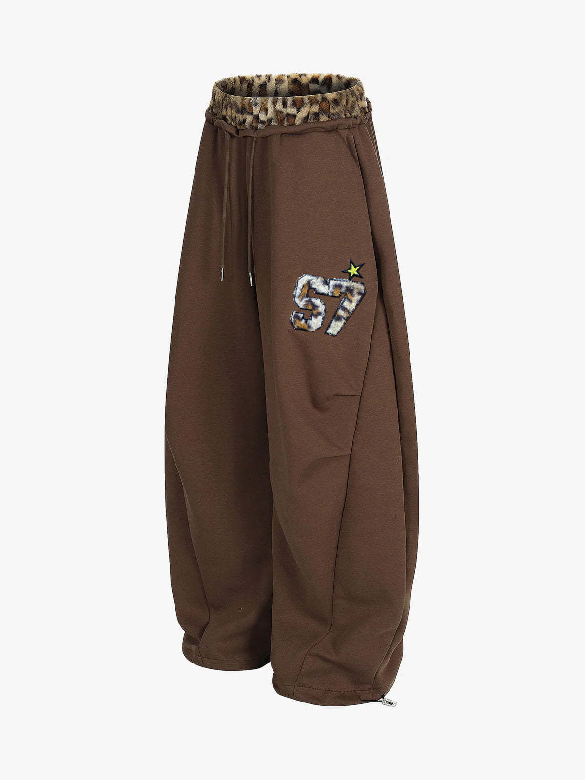 Retro Double-Waist Leopard Patch Barrel Pants-Fineriform