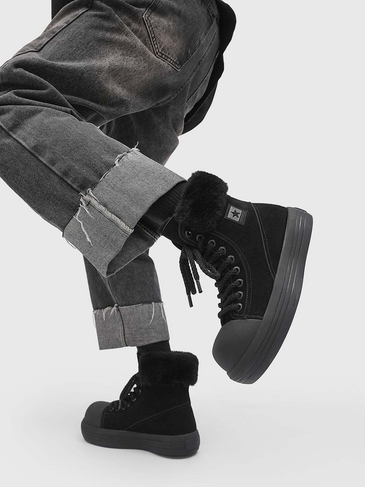 Fleece-Lined Suede Platform Warm Mid-Top Boots-Fineriform