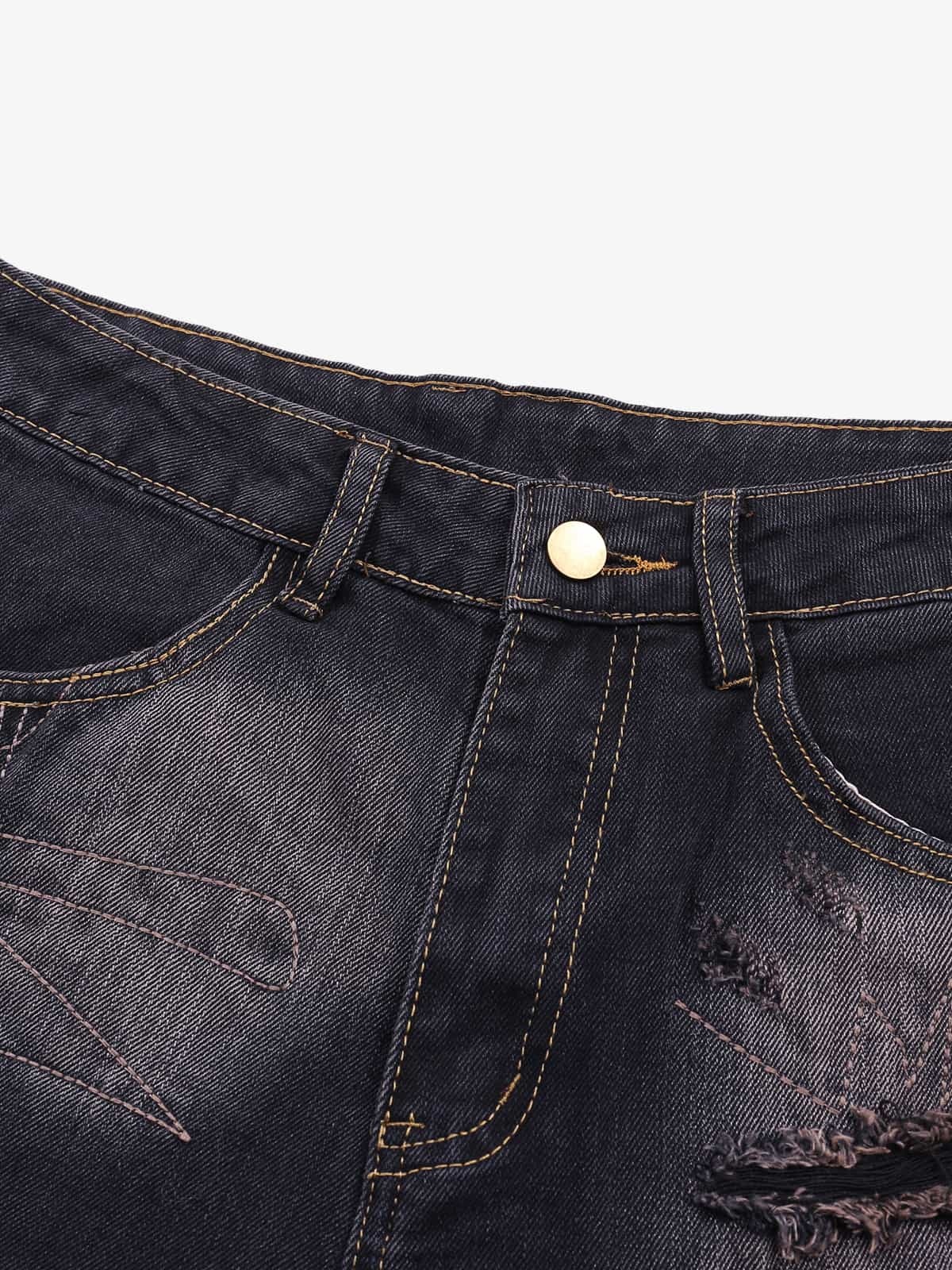 Vintage Washed Patchwork Distressed Barrel Jeans-Fineriform