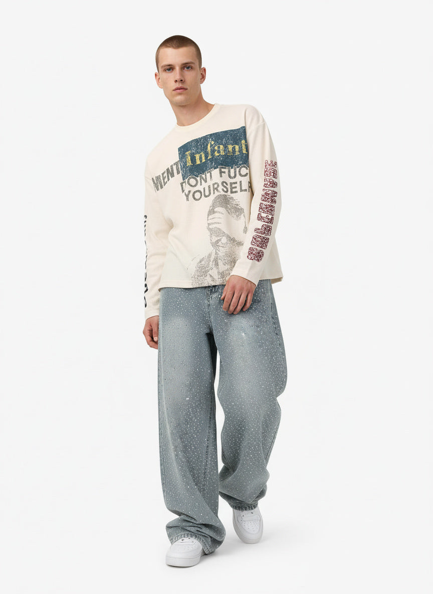Waffle Knit Graphic Print Crewneck Sweatshirt - 2496-Fineriform