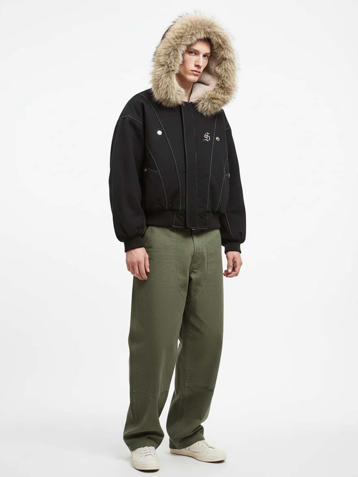 Faux Fur Lined Zip Up Hooded Bomber Jacket-Fineriform