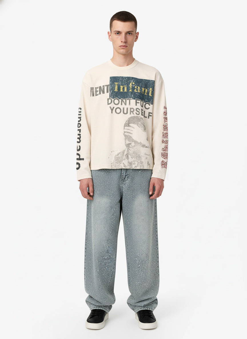 Waffle Knit Graphic Print Crewneck Sweatshirt - 2496-Fineriform
