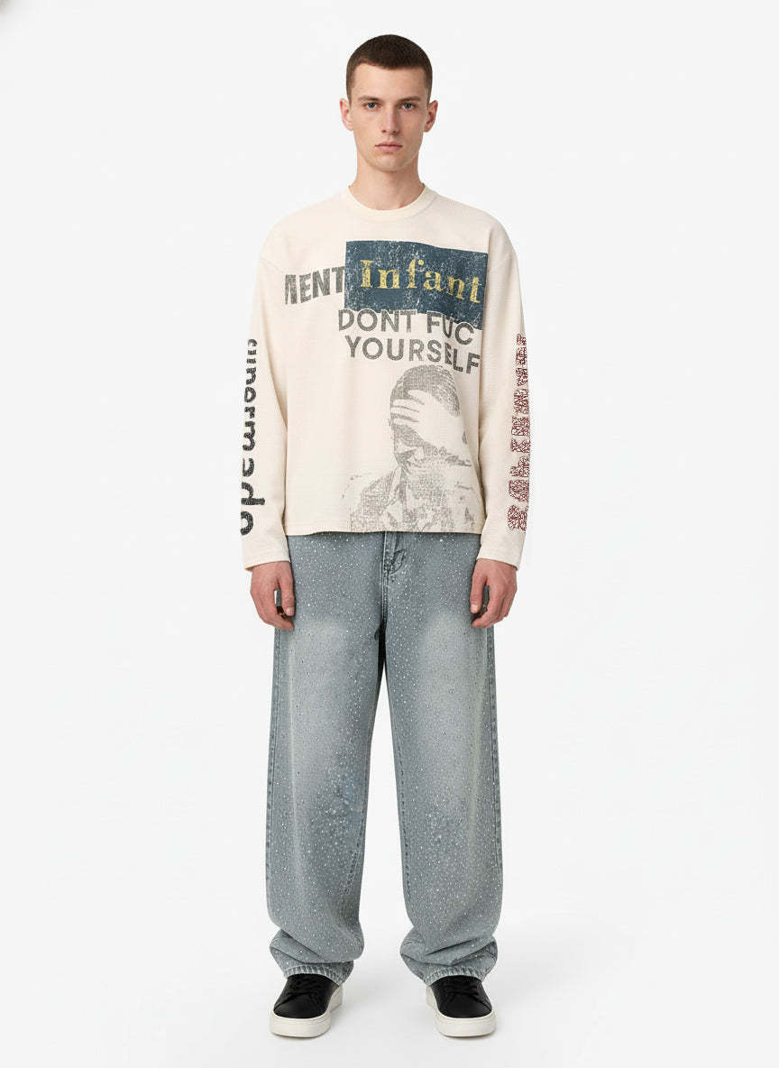 Waffle Knit Graphic Print Crewneck Sweatshirt - 2496-Fineriform