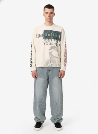 Waffle Knit Graphic Print Crewneck Sweatshirt - 2496-Fineriform