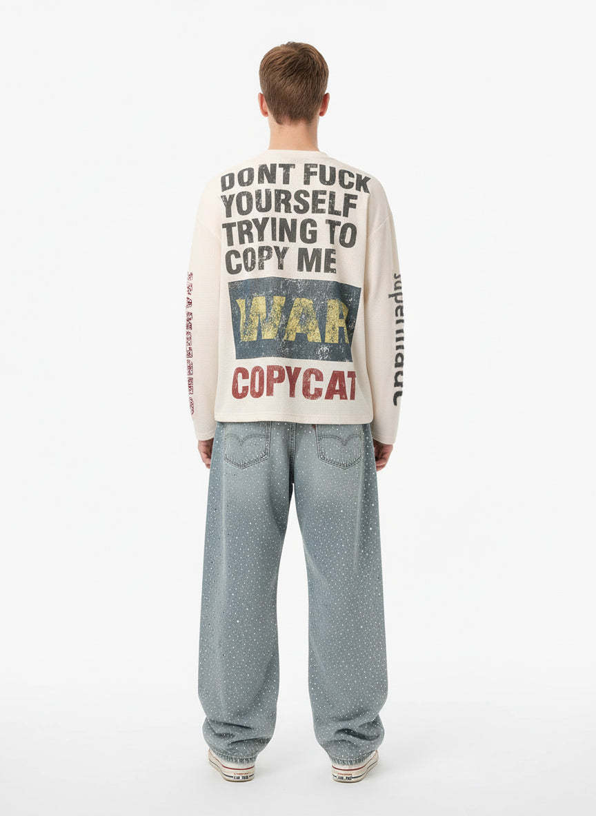 Waffle Knit Graphic Print Crewneck Sweatshirt - 2496-Fineriform