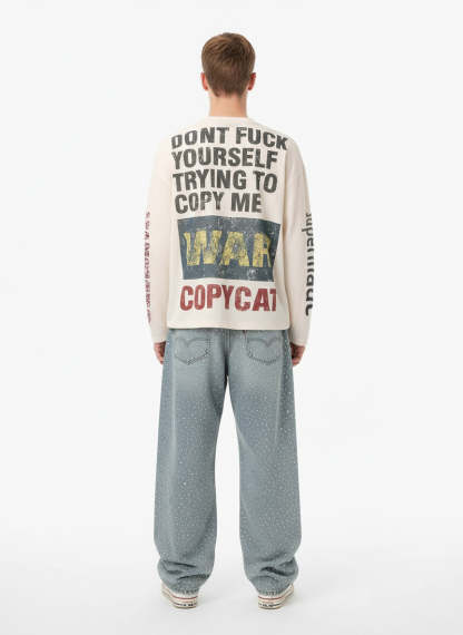 Waffle Knit Graphic Print Crewneck Sweatshirt - 2496-Fineriform
