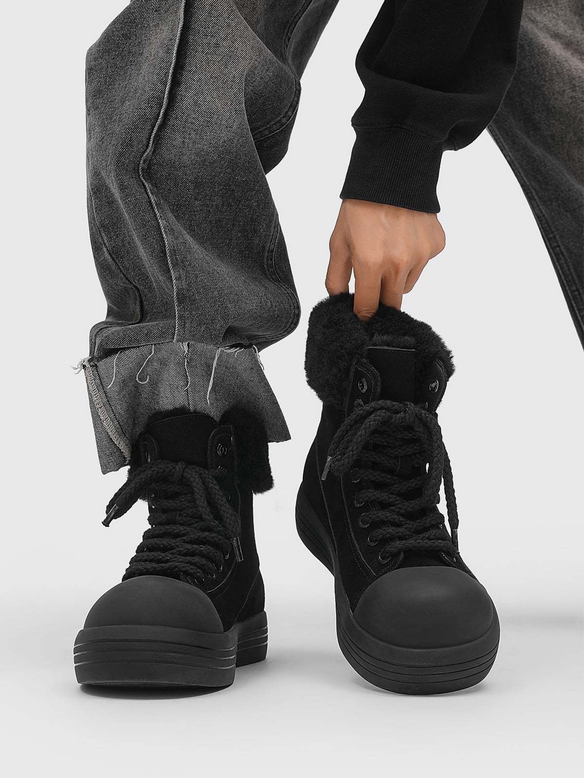 Fleece-Lined Suede Platform Warm Mid-Top Boots-Fineriform