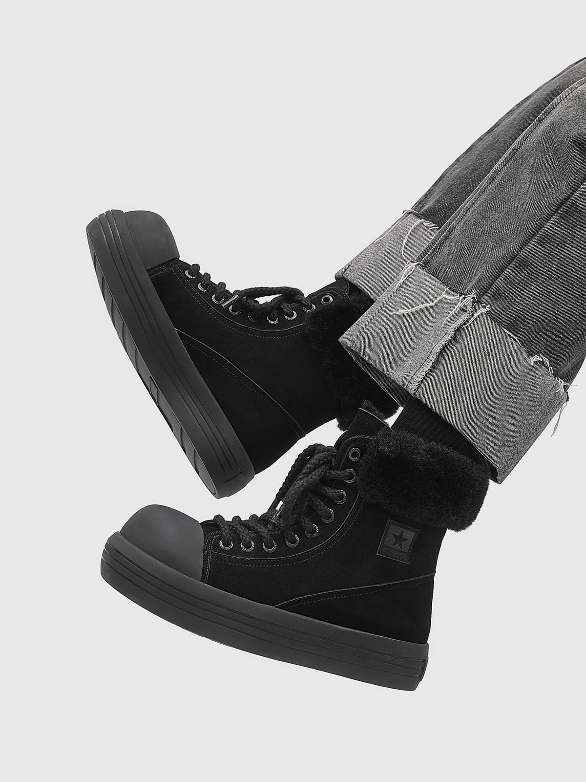 Fleece-Lined Suede Platform Warm Mid-Top Boots-Fineriform