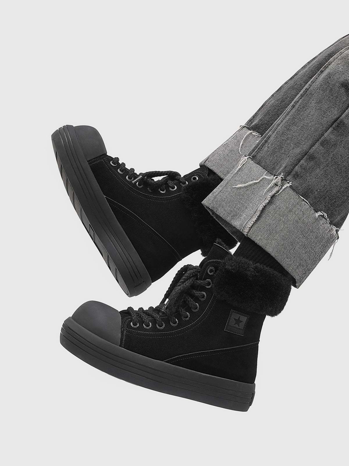 Fleece-Lined Suede Platform Warm Mid-Top Boots-Fineriform