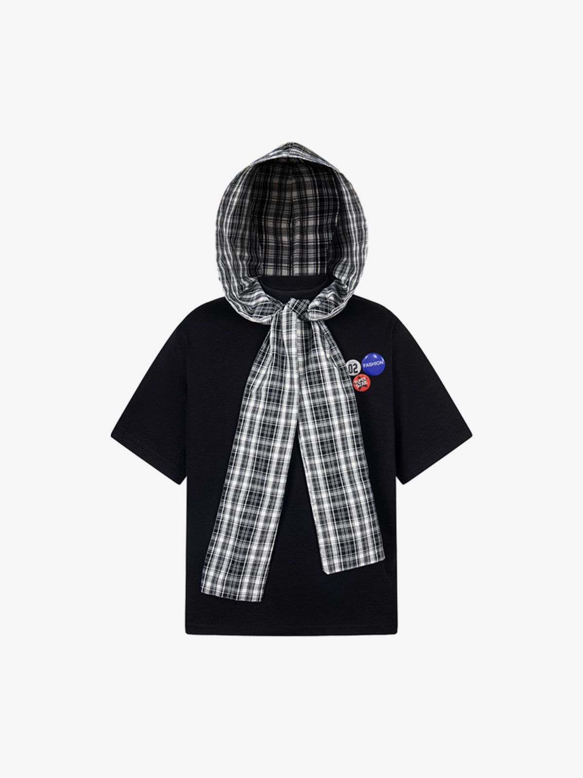 Jersey Knit Detachable Badge Hooded Plaid Cape T-Shirt-Fineriform