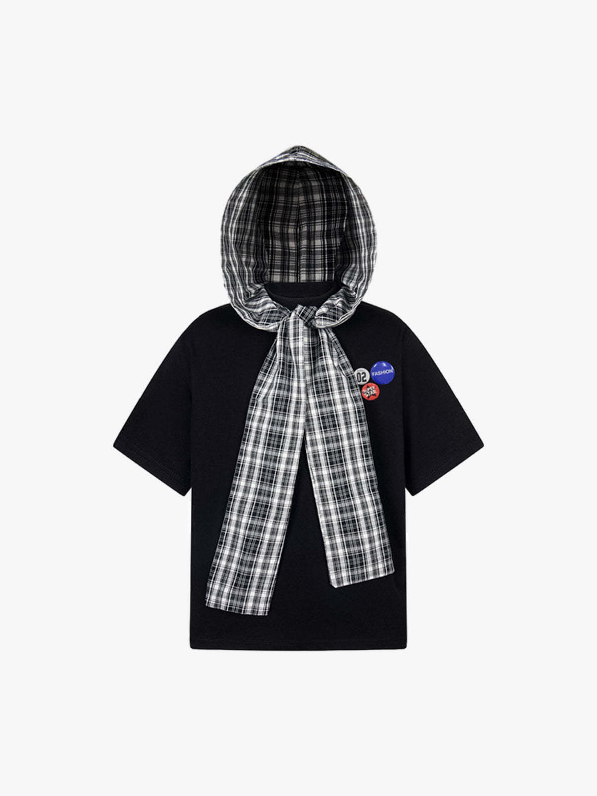 Jersey Knit Detachable Badge Hooded Plaid Cape T-Shirt-Fineriform