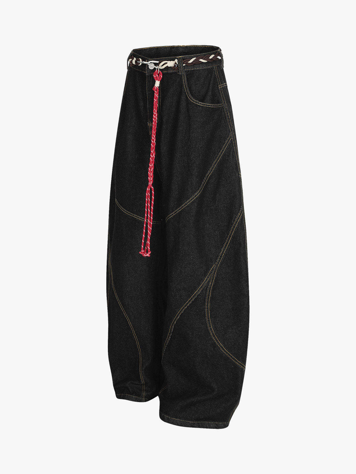 Denim Retro Belt Detail With Patchwork Barrel Jeans - 2490-Fineriform