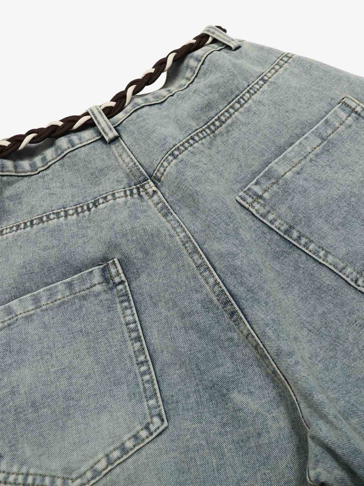 Denim Retro Belt Detail With Patchwork Barrel Jeans - 2490-Fineriform