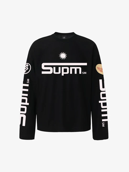 Textured Waffle SUPM Letter Graphic Long Sleeve T-Shirt-Fineriform