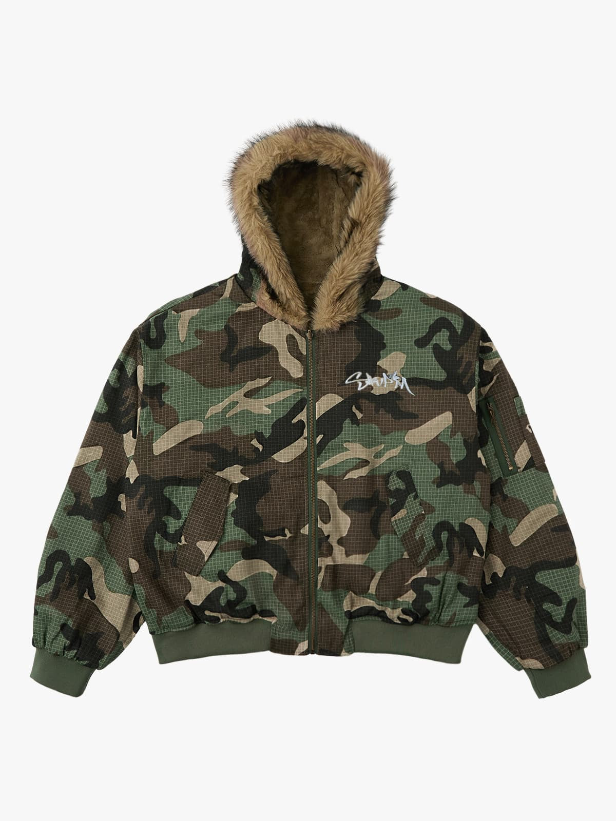 Camouflage Fur Collar Reversible Cotton Jacket - 2499-Fineriform