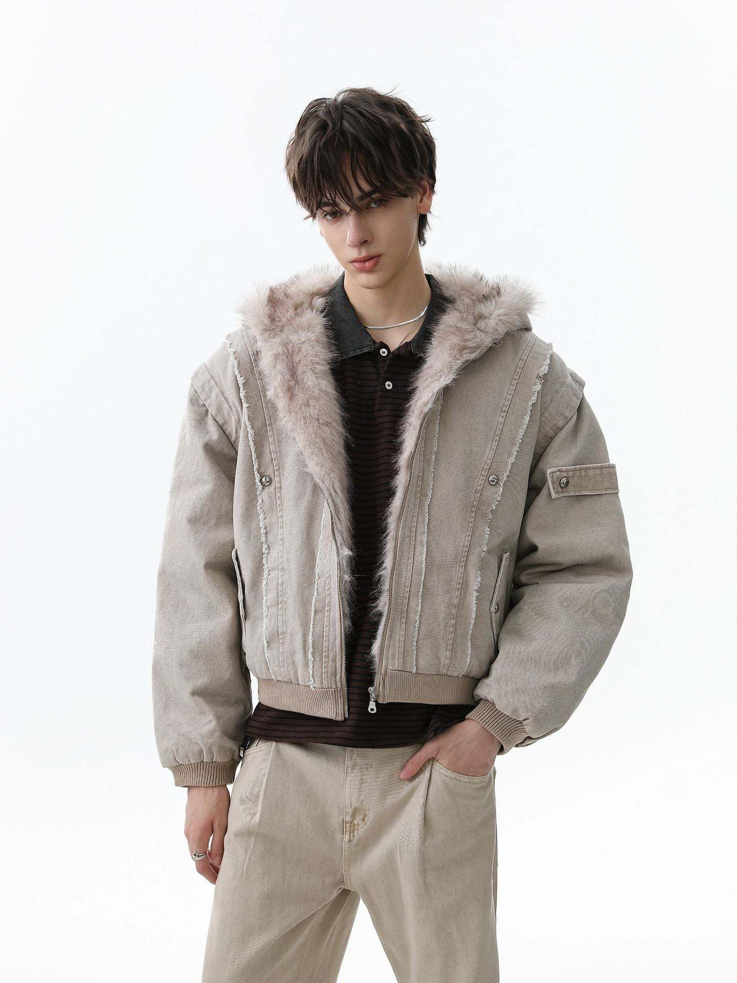 Retro Washed Fleece-lined Hooded Work Jacket-Fineriform