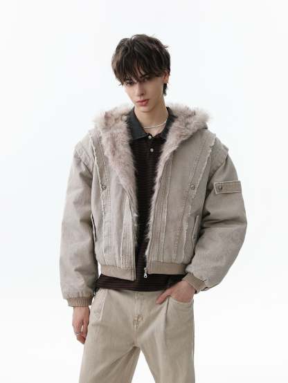 Retro Washed Fleece-lined Hooded Work Jacket-Fineriform