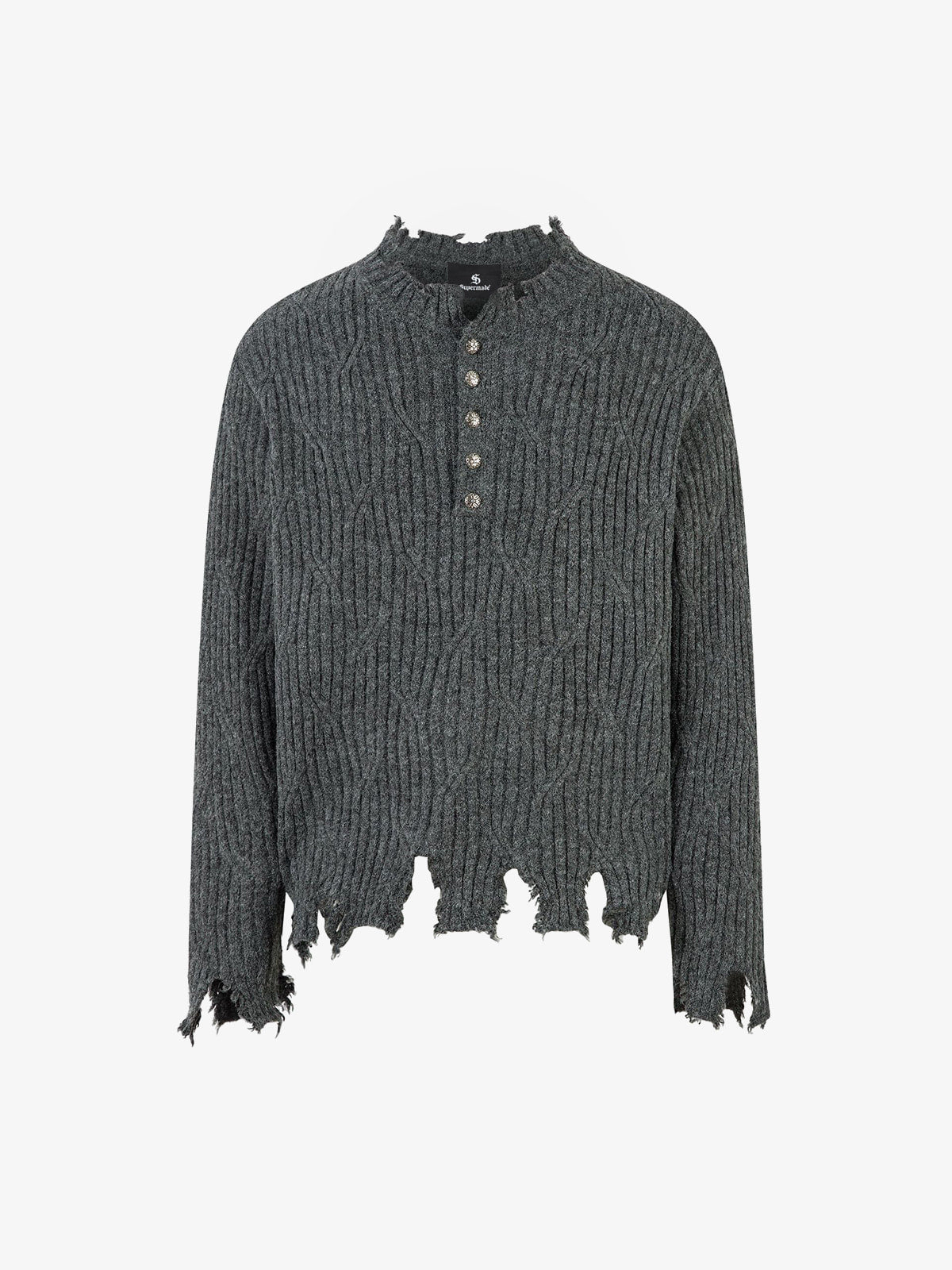 Knitted Distressed Diamond Pattern Raw Edge Sweater-Fineriform
