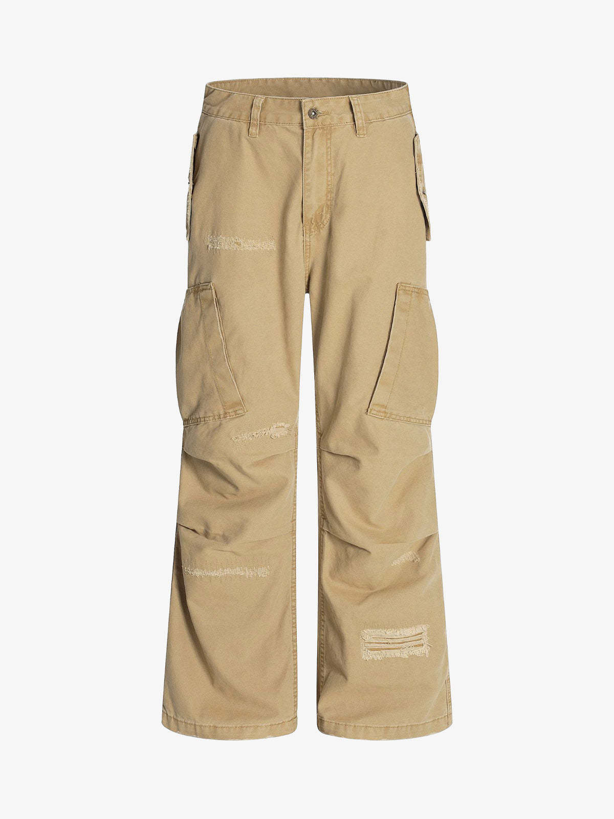 Cotton Hole Patch Pleated Multi-Pocket Cargo Casual Pants-Fineriform