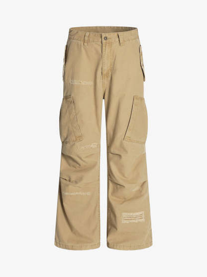 Cotton Hole Patch Pleated Multi-Pocket Cargo Casual Pants-Fineriform