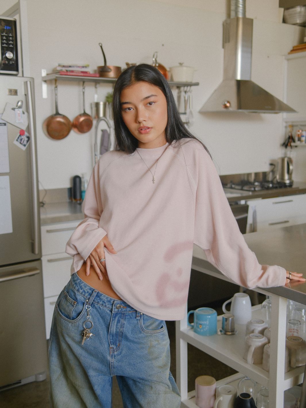 SMILEY WAFFLE LONG SLEEVE TEE - COTTON CANDY PINK-Fineriform