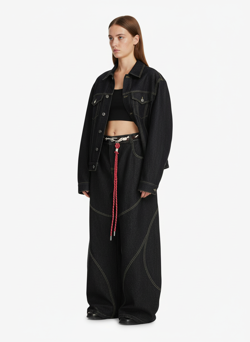 Denim Retro Belt Detail With Patchwork Barrel Jeans - 2490-Fineriform