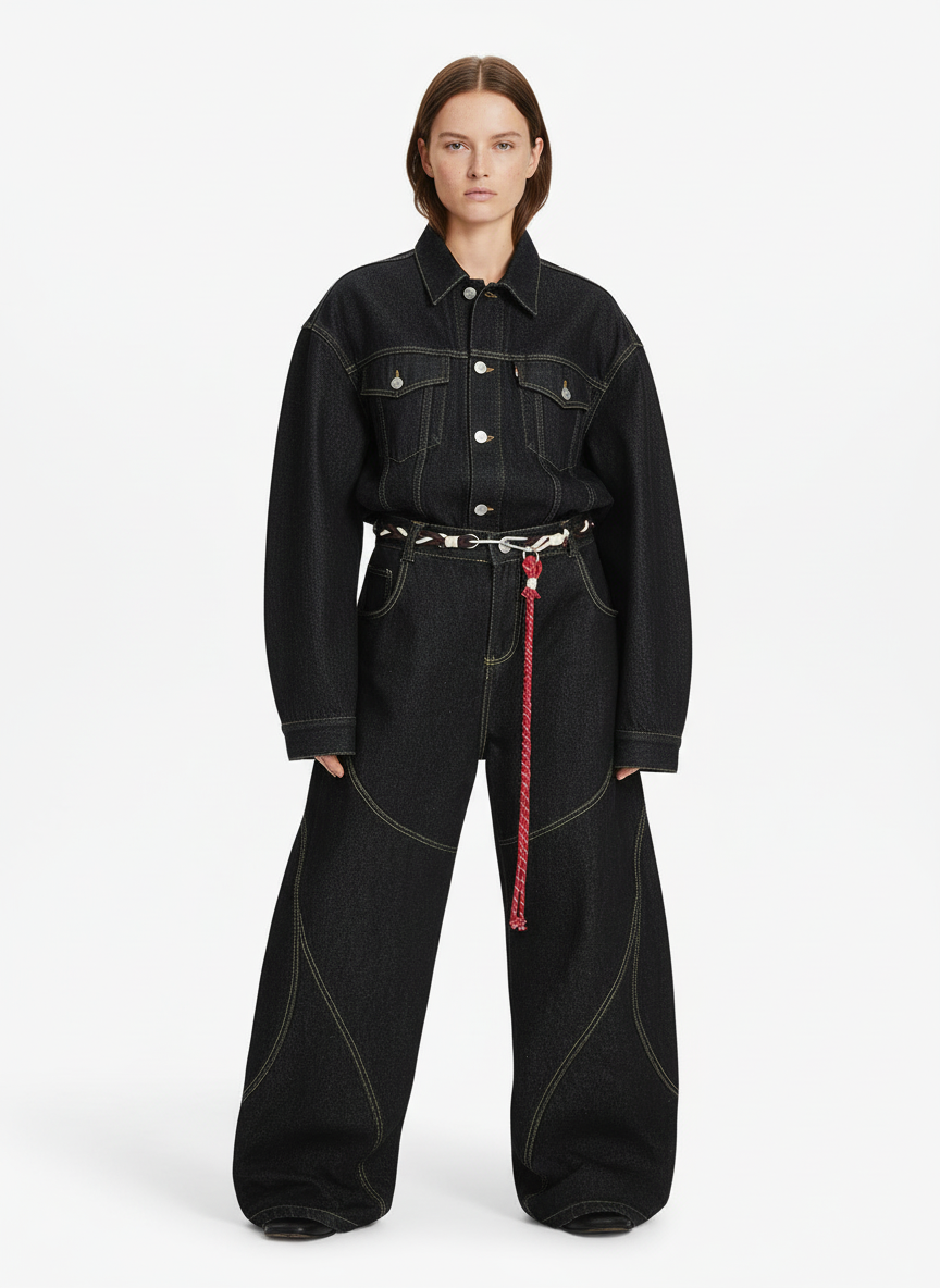 Denim Retro Belt Detail With Patchwork Barrel Jeans - 2490-Fineriform