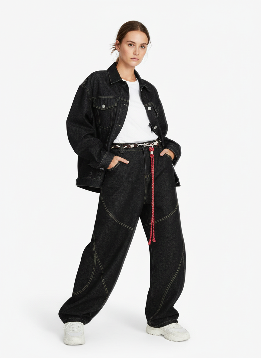 Denim Retro Belt Detail With Patchwork Barrel Jeans - 2490-Fineriform