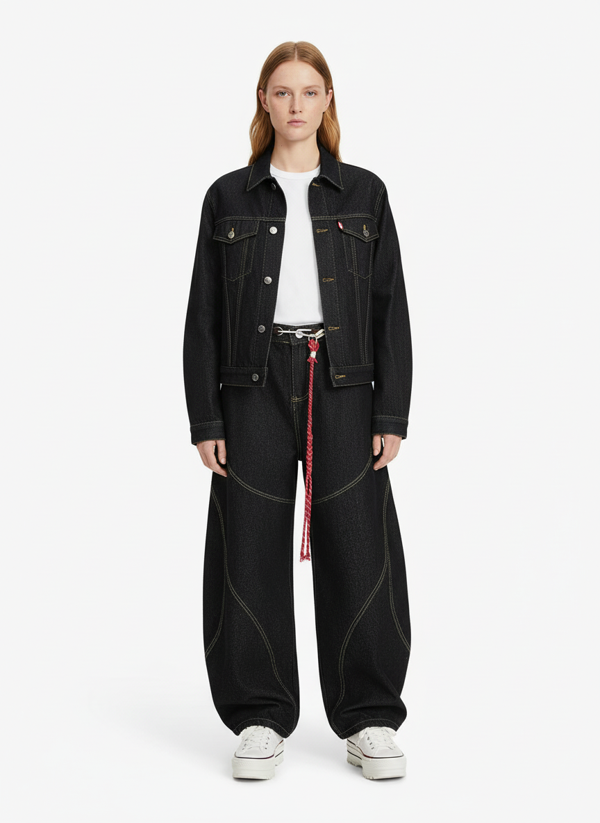 Denim Retro Belt Detail With Patchwork Barrel Jeans - 2490-Fineriform