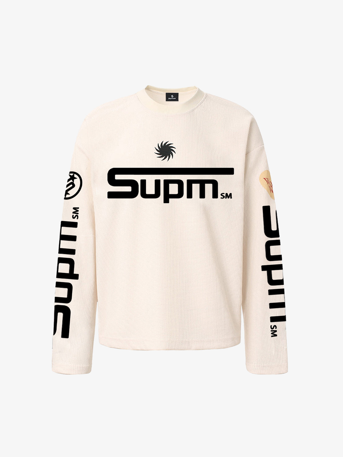 Textured Waffle SUPM Letter Graphic Long Sleeve T-Shirt-Fineriform