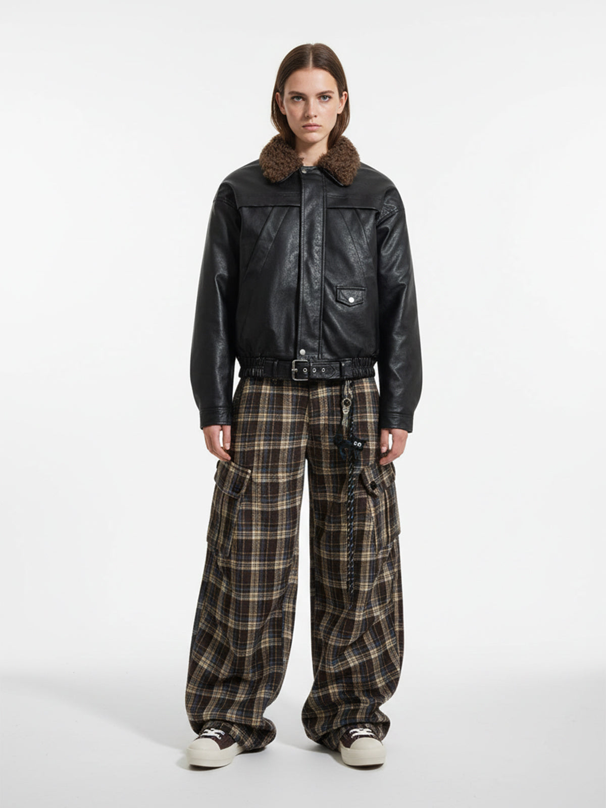 Vintage Plaid Pleated Multi-Pocket Cargo Casual Pants - 2524-Fineriform