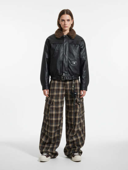 Vintage Plaid Pleated Multi-Pocket Cargo Casual Pants - 2524-Fineriform