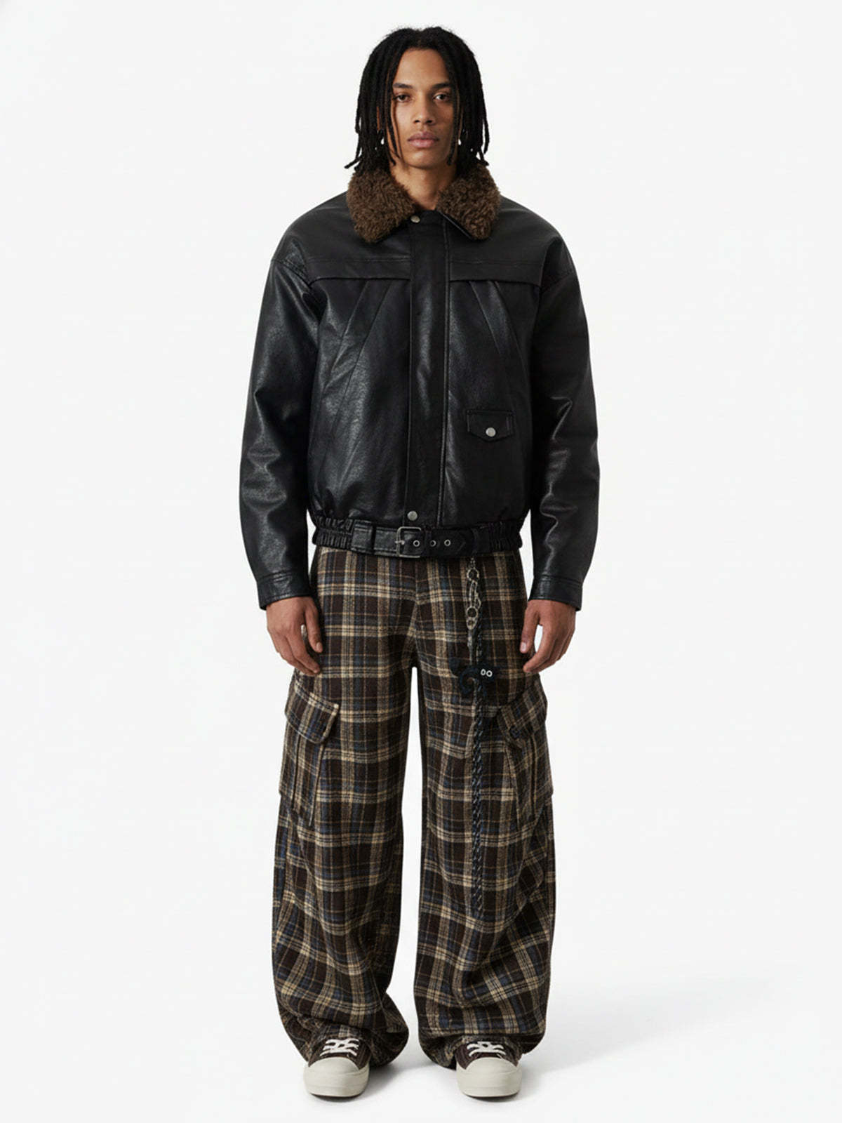 Vintage Plaid Pleated Multi-Pocket Cargo Casual Pants - 2524-Fineriform
