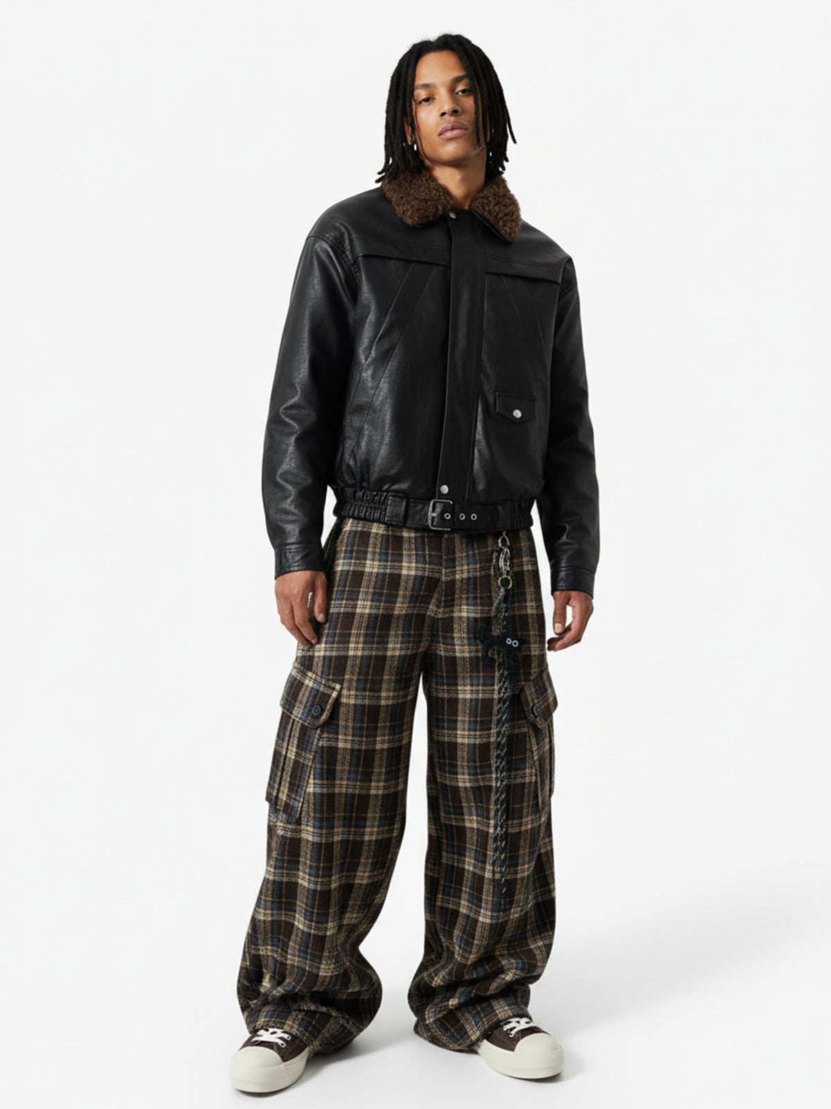 Vintage Plaid Pleated Multi-Pocket Cargo Casual Pants - 2524-Fineriform