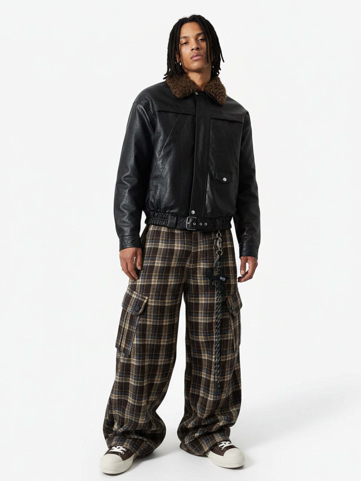 Vintage Plaid Pleated Multi-Pocket Cargo Casual Pants - 2524-Fineriform