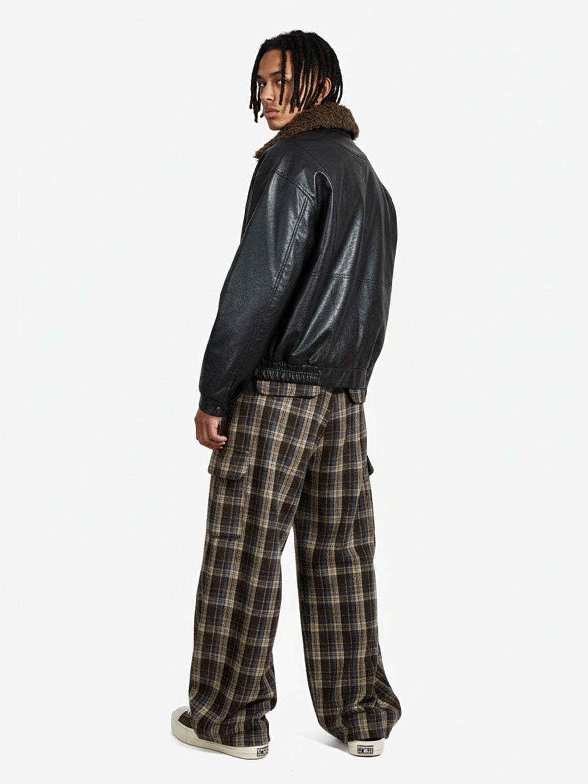 Vintage Plaid Pleated Multi-Pocket Cargo Casual Pants - 2524-Fineriform