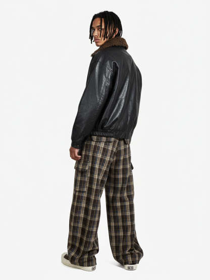 Vintage Plaid Pleated Multi-Pocket Cargo Casual Pants - 2524-Fineriform