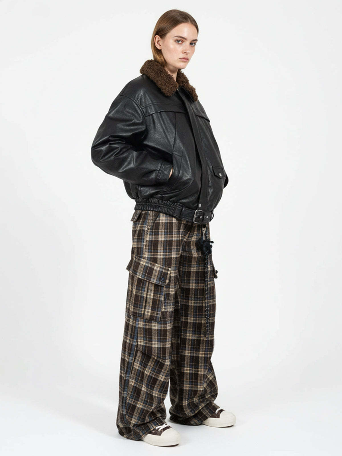 Vintage Plaid Pleated Multi-Pocket Cargo Casual Pants - 2524-Fineriform