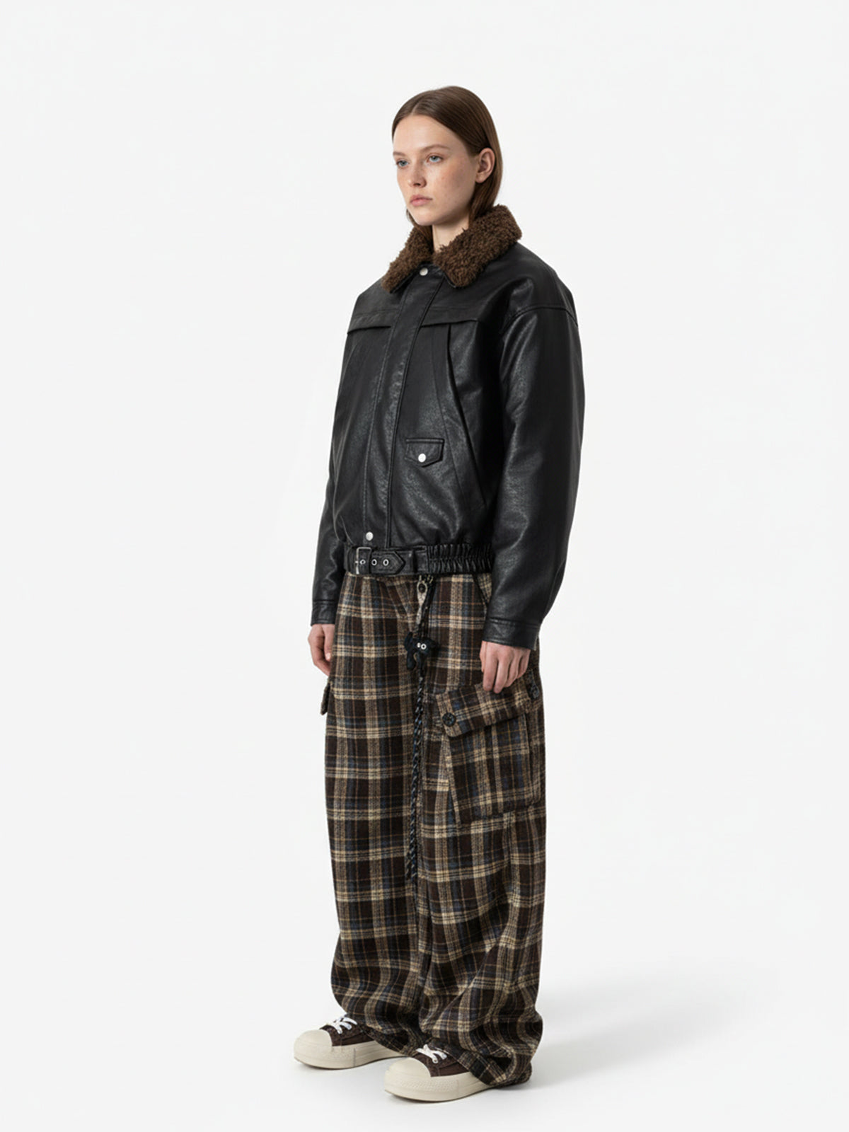 Vintage Plaid Pleated Multi-Pocket Cargo Casual Pants - 2524-Fineriform