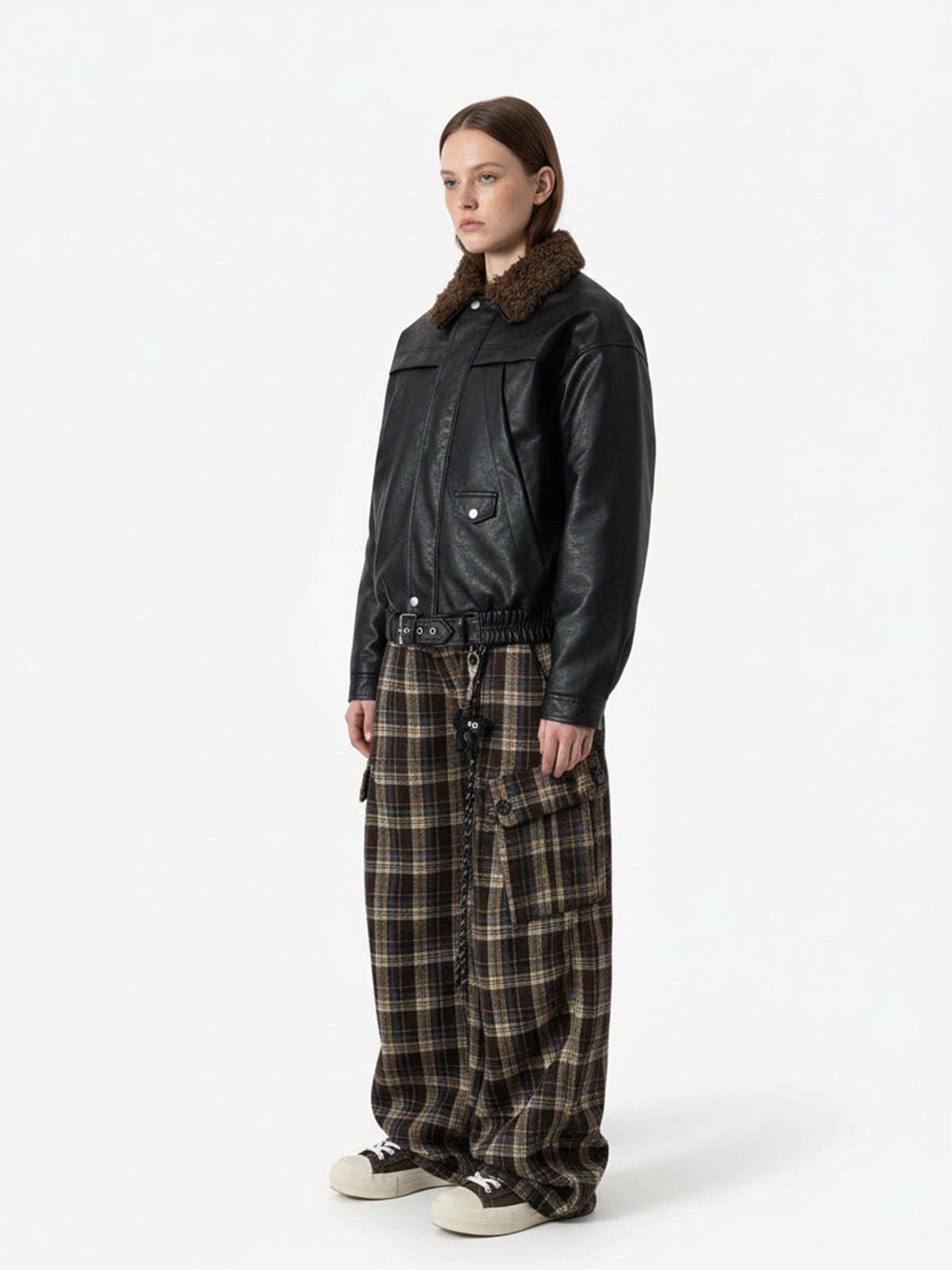 Vintage Plaid Pleated Multi-Pocket Cargo Casual Pants - 2524-Fineriform
