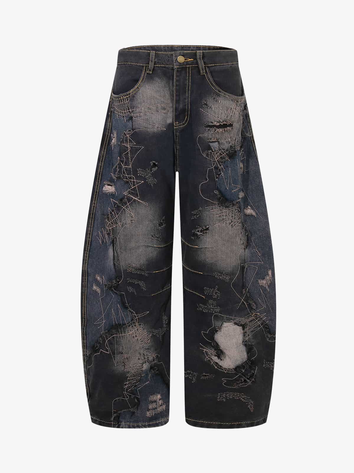 Vintage Washed Patchwork Distressed Barrel Jeans-Fineriform