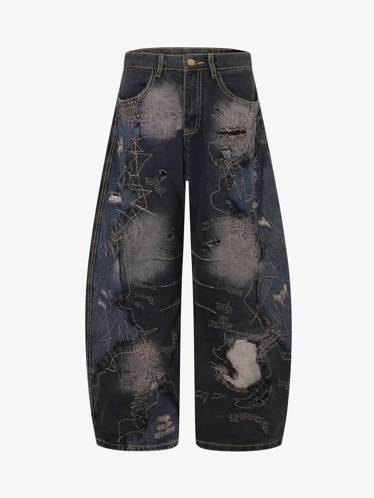 Vintage Washed Patchwork Distressed Barrel Jeans-Fineriform
