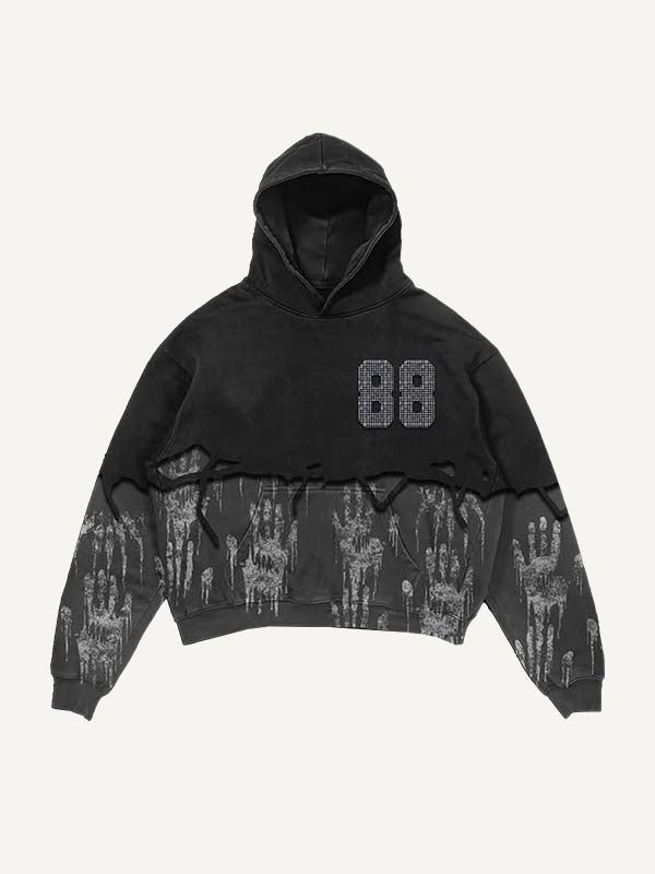 Colorblock Palm&Letter Faux Rhinestones Print Slant Pockets Hoodie-Fineriform