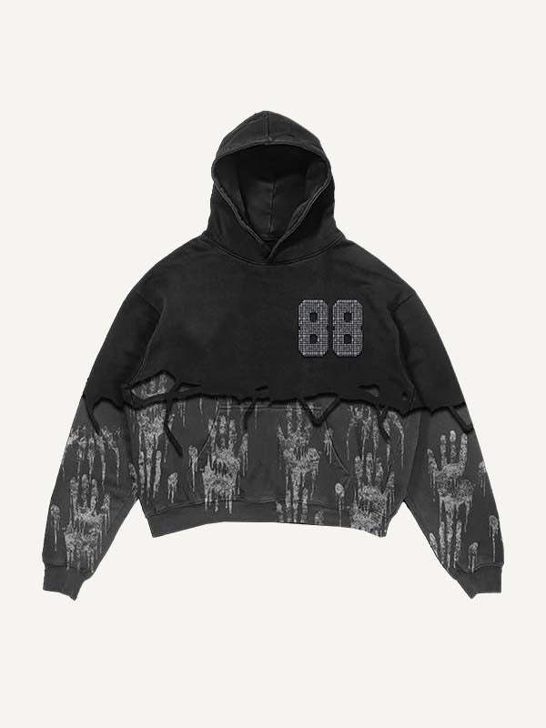 Colorblock Palm&Letter Faux Rhinestones Print Slant Pockets Hoodie-Fineriform