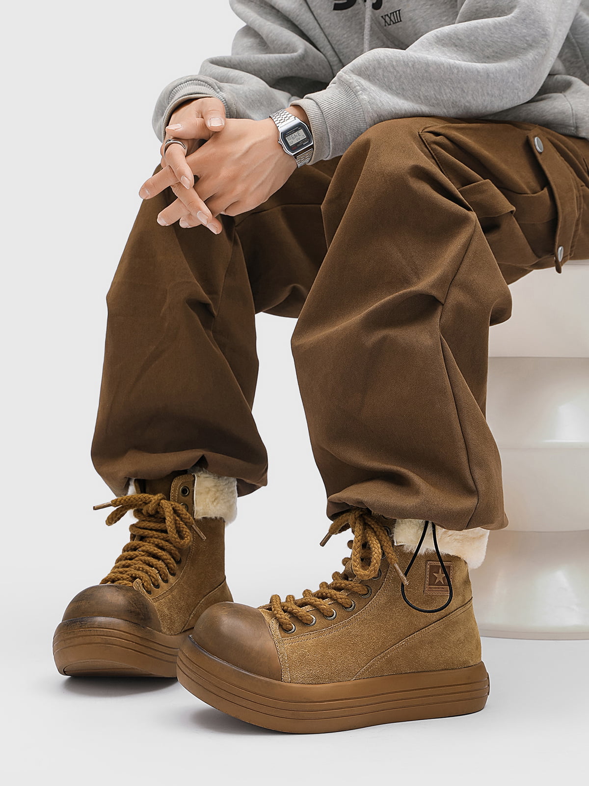 Fleece-Lined Suede Platform Warm Mid-Top Boots-Fineriform