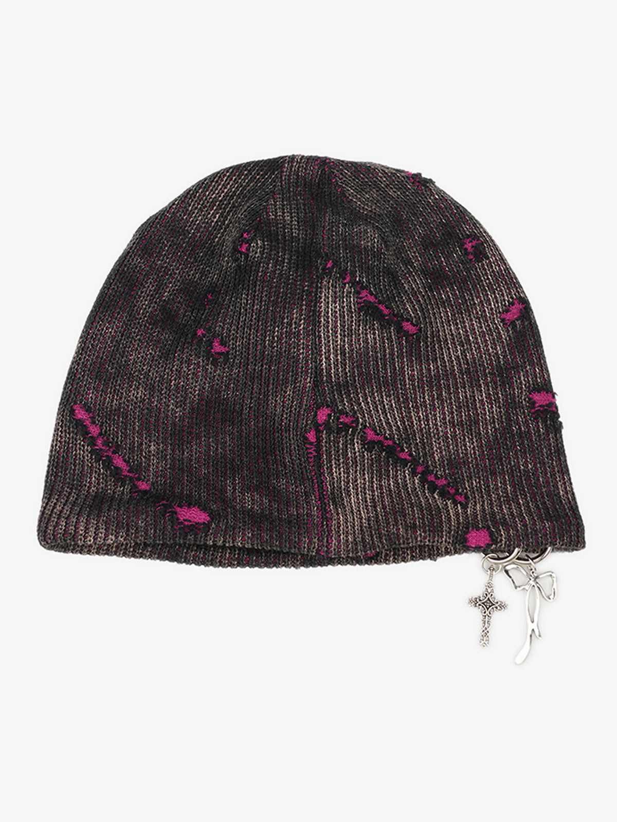 Retro Wasteland Style Distressed Knit Hanging Charm Beanie-Fineriform