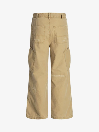 Cotton Hole Patch Pleated Multi-Pocket Cargo Casual Pants-Fineriform