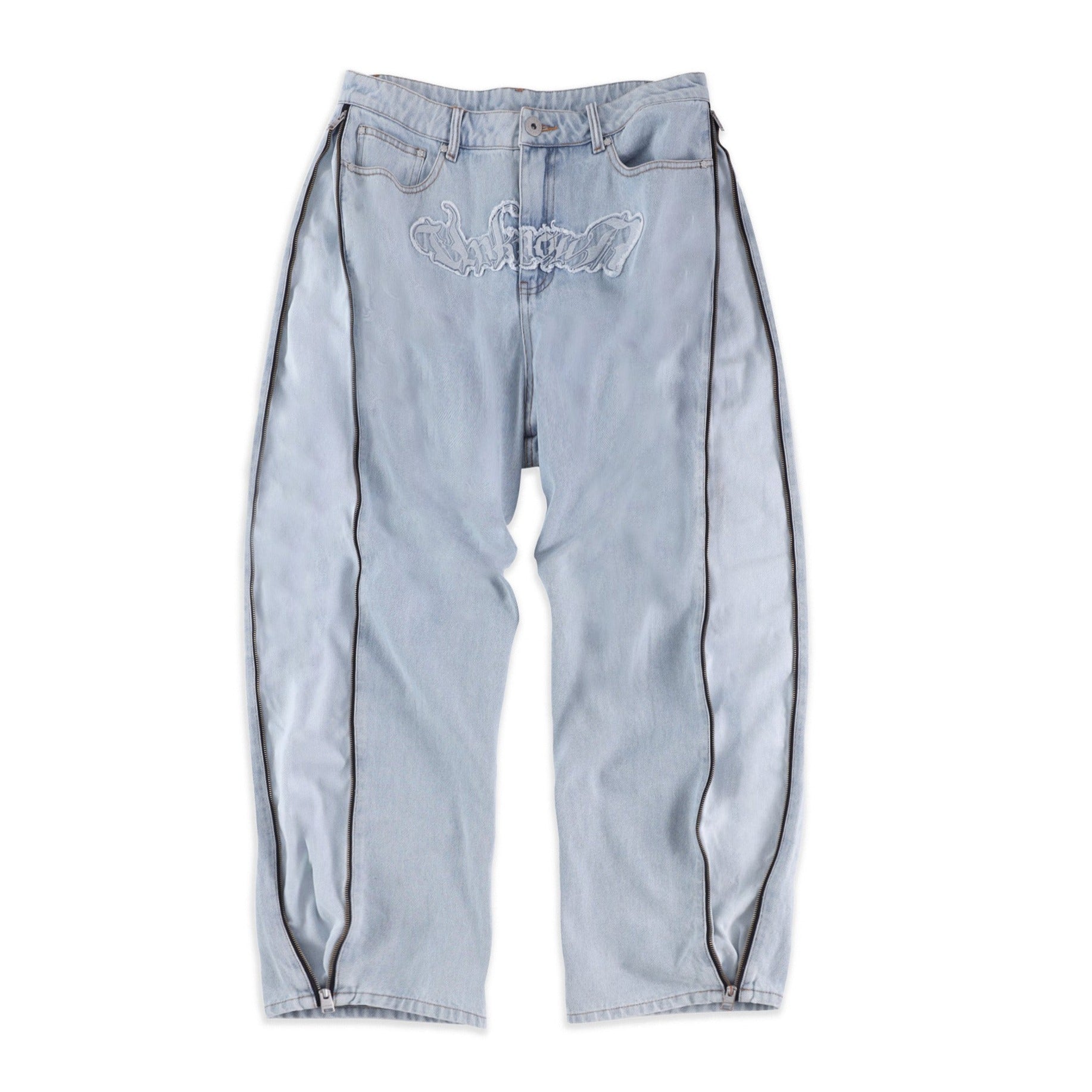 BLEACHED ZIP BAGGY DENIM-Fineriform