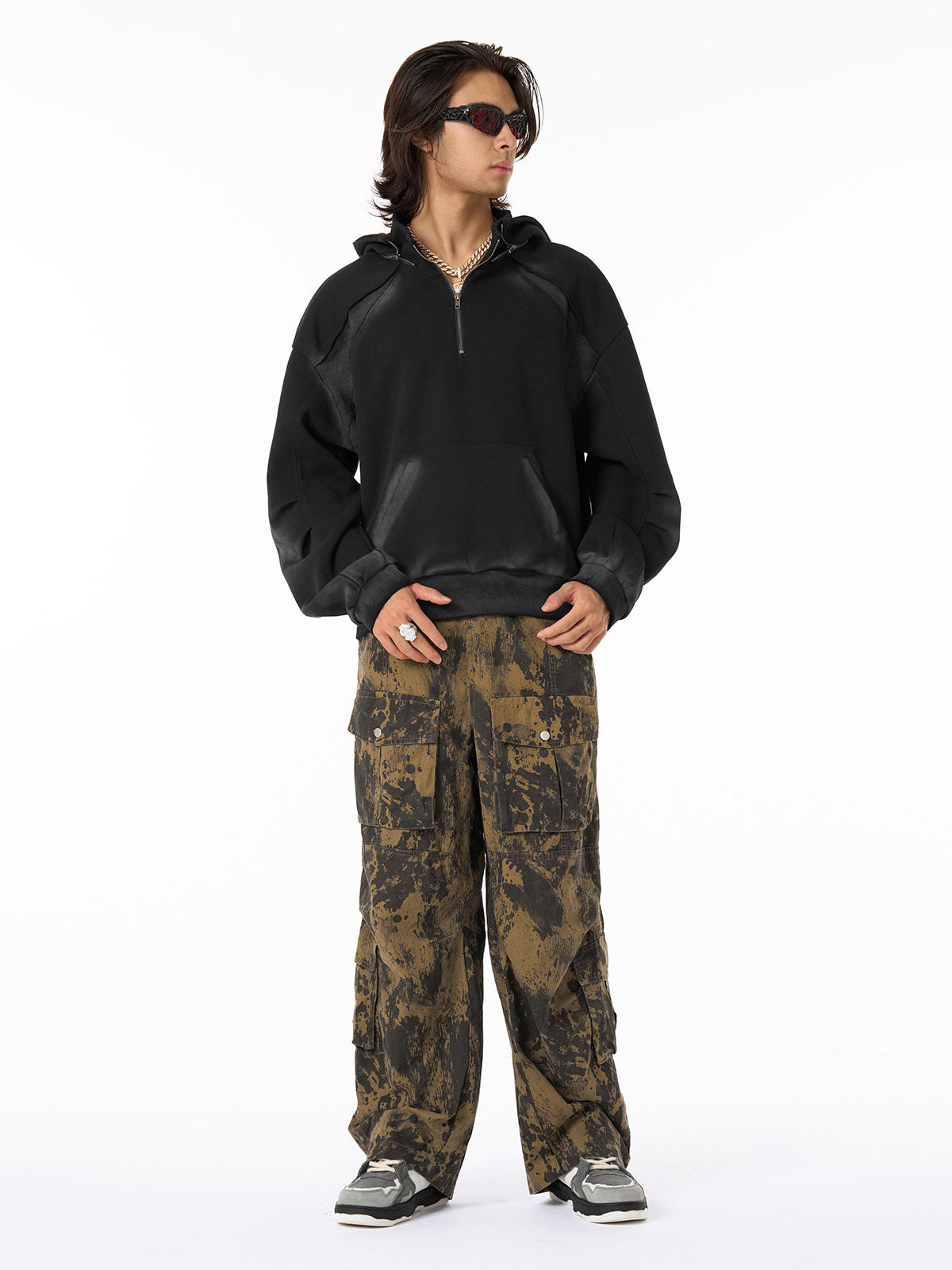 Distressed Stand Collar Stitching Spray Paint Quarter Zip Hoodie-Fineriform